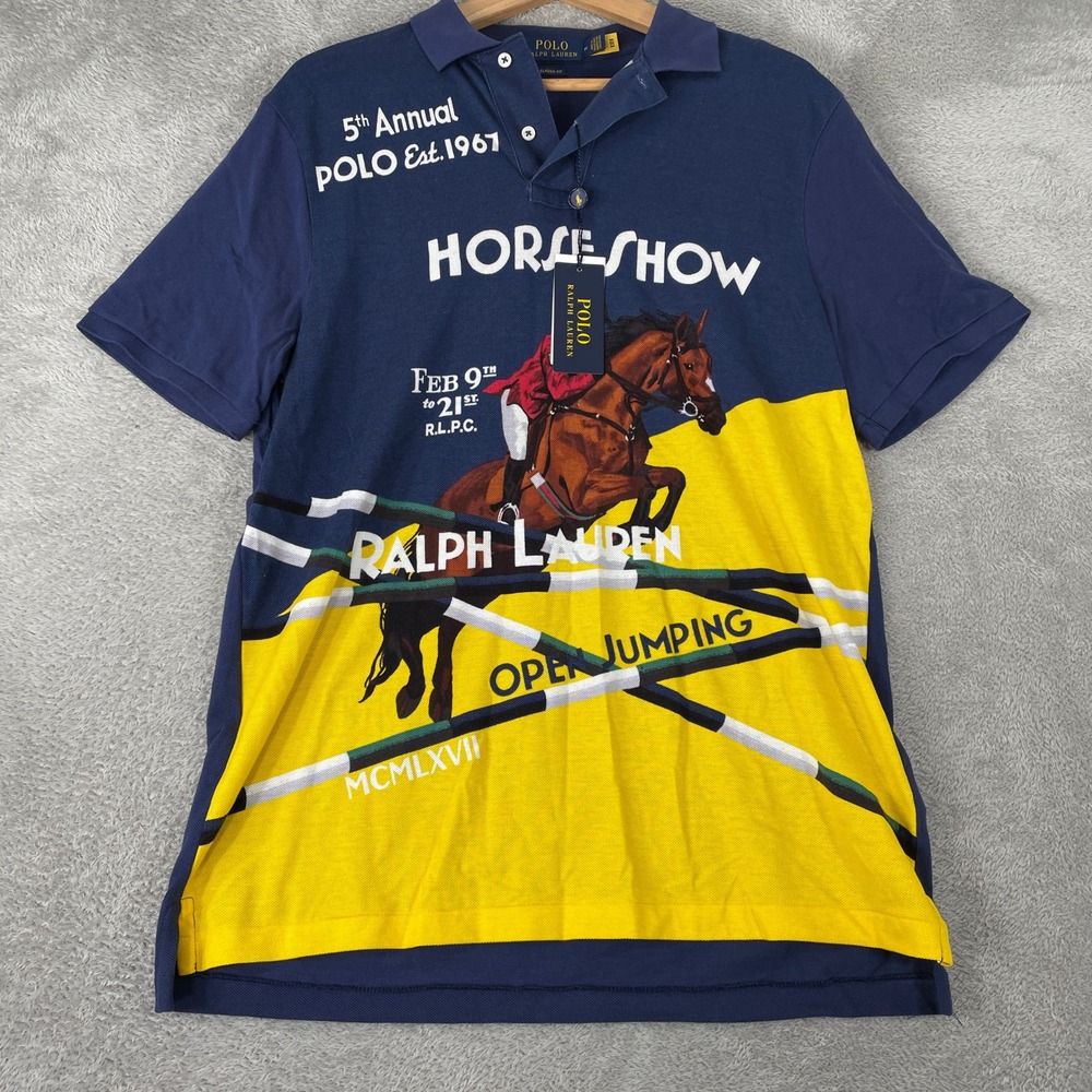 Polo Ralph Lauren Jumping Horse Polo Shirt Mens Medium Blue Equestrian Show